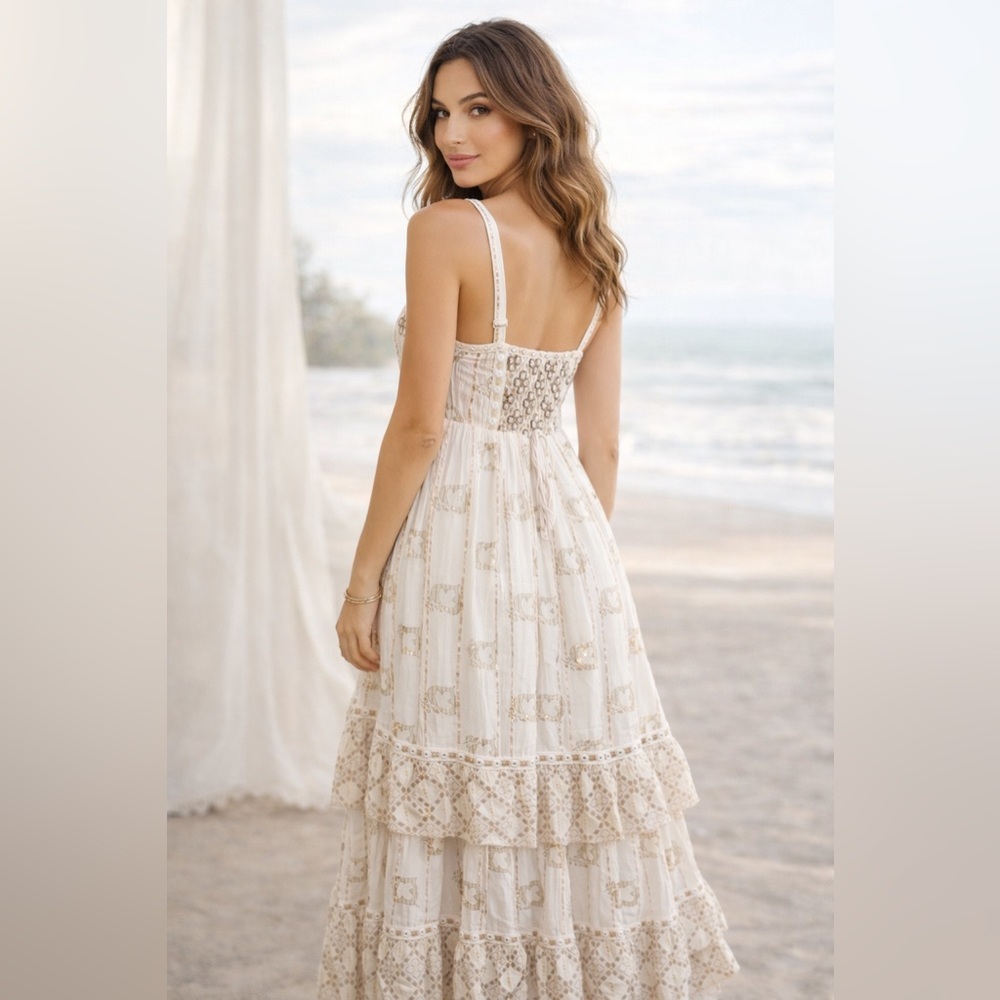 Boho Lace Maxi Dress Cream Tiered | Coastal Beach Vacation Resort Sundress - Picture 2 of 3